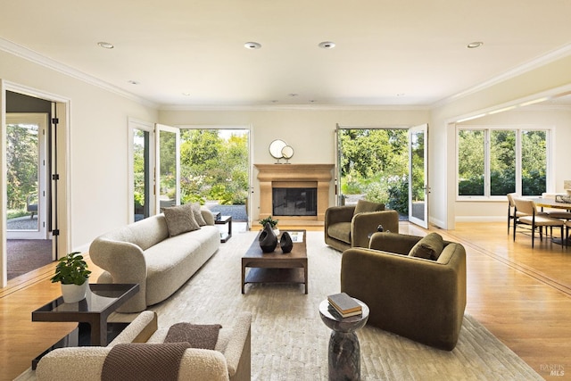 656 Goodhill Rd, Kentfield, CA 94904 - living area with recessed lighting, light wood-style floors, crown molding, baseboards, and a glass covered fireplace