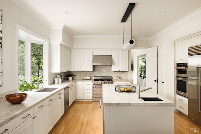 656 Goodhill Rd, Kentfield, CA 94904 - kitchen with tasteful backsplash, an island with sink, premium appliances, and a sink