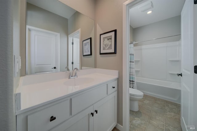 bathroom featuring vanity, shower / bath combo, and toilet