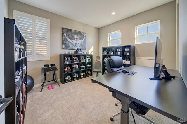 office with carpet flooring, recessed lighting, and baseboards