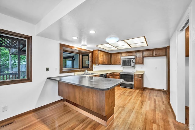 kitchen with baseboards, light wood finished floors, visible vents, a peninsula, and electric range