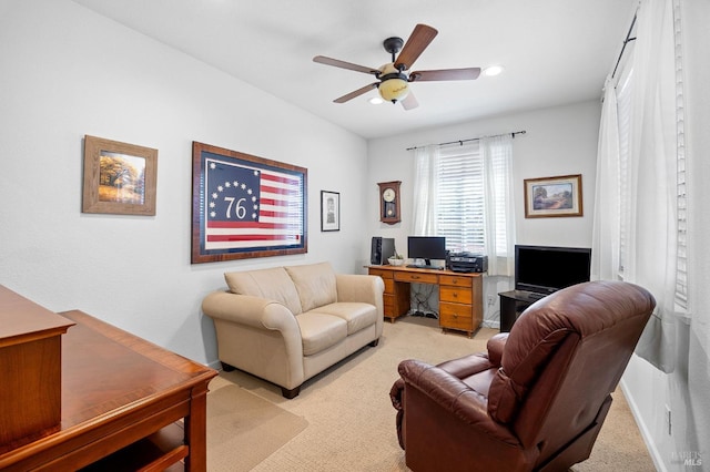 office area featuring recessed lighting, ceiling fan, and light carpet