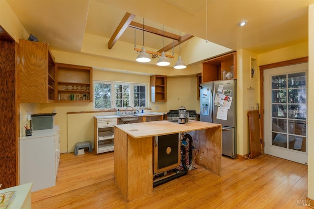 28900 Timberline Rd, Willits, CA 95490 - kitchen with open shelves, stainless steel refrigerator with ice dispenser, a kitchen island, and light wood-type flooring