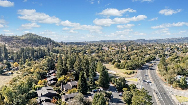 bird's eye view featuring a wooded view and a mountain view