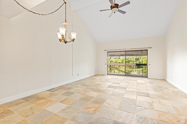 empty room with high vaulted ceiling, baseboards, ceiling fan with notable chandelier, and beam ceiling