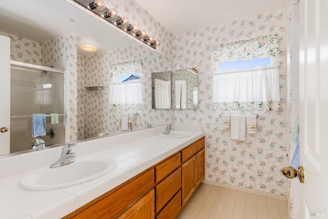 116 Philip Dr, Healdsburg, CA 95448 - bathroom featuring double vanity, a sink, baseboards, and a stall shower