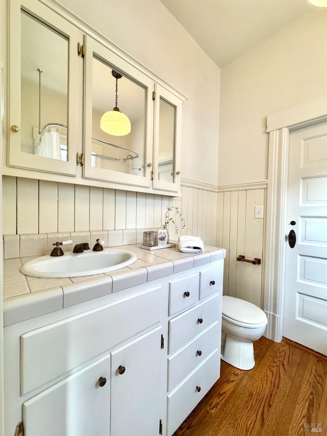 bathroom featuring toilet, vanity, wood finished floors, and a wainscoted wall