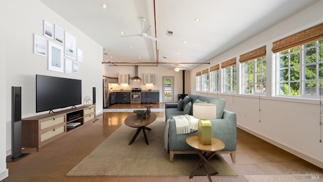 3880 Doris Murphy Ct, Occidental, CA 95465 - living room featuring plenty of natural light, baseboards, a ceiling fan, recessed lighting, and lofted ceiling