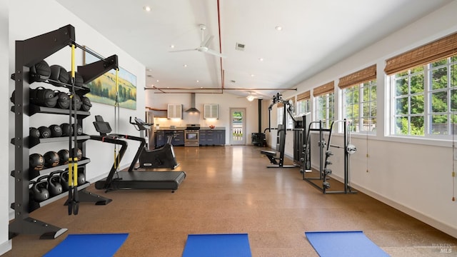 3880 Doris Murphy Ct, Occidental, CA 95465 - exercise room with a ceiling fan, baseboards, and recessed lighting