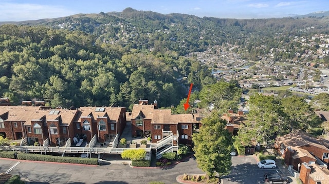 aerial view featuring a mountain view, a view of trees, and a residential view