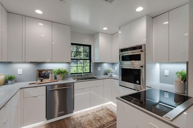 kitchen with white cabinets, modern cabinets, stainless steel appliances, and a sink