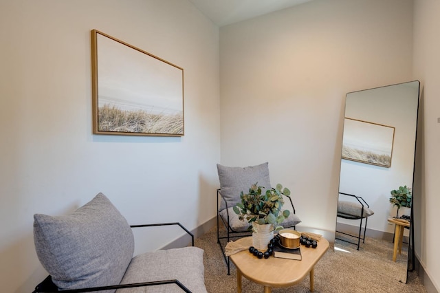 sitting room with baseboards and carpet floors
