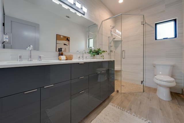 bathroom featuring double vanity, toilet, a stall shower, and a sink
