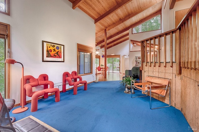 2 Pine Flat Rd, Cazadero, CA 95421 - living area with wood ceiling, beam ceiling, carpet flooring, and high vaulted ceiling