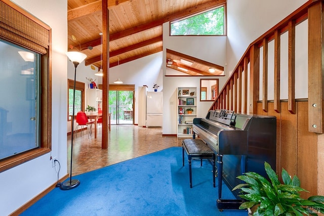 2 Pine Flat Rd, Cazadero, CA 95421 - sitting room featuring beamed ceiling, baseboards, high vaulted ceiling, and wooden ceiling
