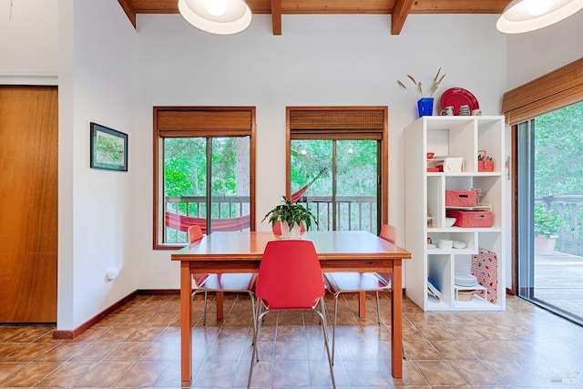 2 Pine Flat Rd, Cazadero, CA 95421 - dining space featuring wood ceiling, tile patterned floors, and beam ceiling