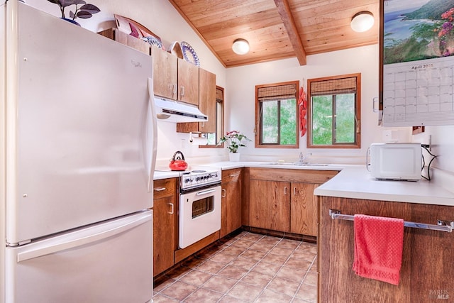 2 Pine Flat Rd, Cazadero, CA 95421 - kitchen with brown cabinetry, lofted ceiling with beams, white appliances, wood ceiling, and under cabinet range hood