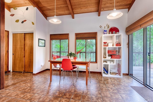 2 Pine Flat Rd, Cazadero, CA 95421 - dining space with wood ceiling, baseboards, beamed ceiling, and plenty of natural light