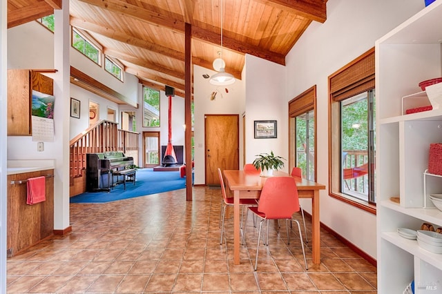 2 Pine Flat Rd, Cazadero, CA 95421 - dining space featuring beamed ceiling, plenty of natural light, a wood stove, and wooden ceiling