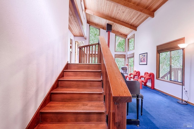 2 Pine Flat Rd, Cazadero, CA 95421 - stairs with plenty of natural light, beam ceiling, baseboards, and carpet