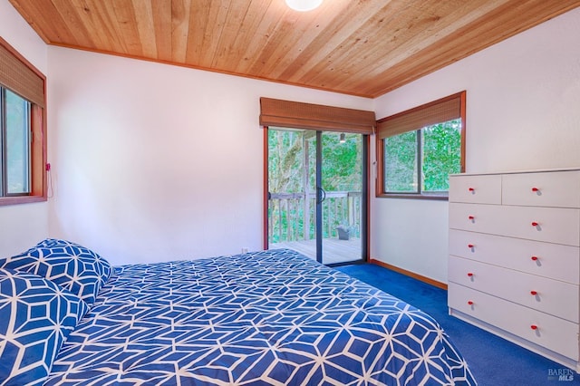 2 Pine Flat Rd, Cazadero, CA 95421 - carpeted bedroom featuring wood ceiling, baseboards, crown molding, and access to exterior