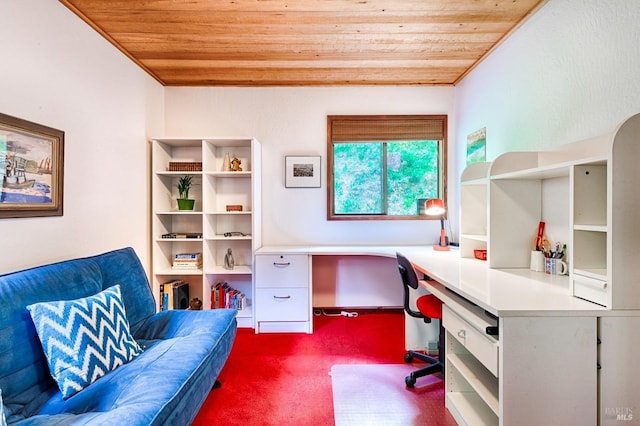 2 Pine Flat Rd, Cazadero, CA 95421 - home office featuring built in desk, dark carpet, and wood ceiling
