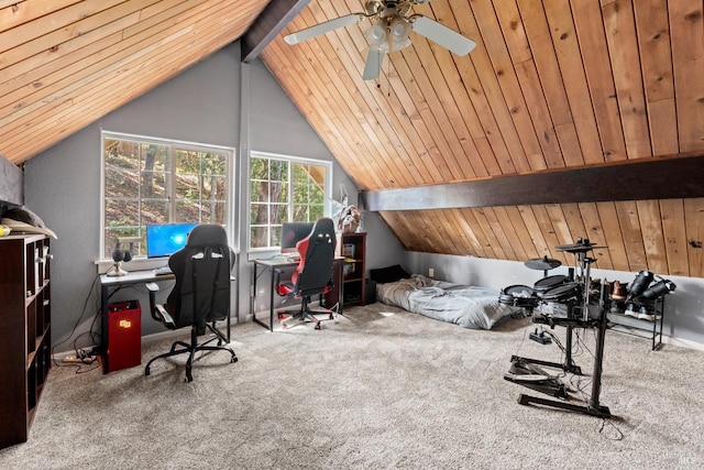 bedroom with wood ceiling, vaulted ceiling with beams, and carpet
