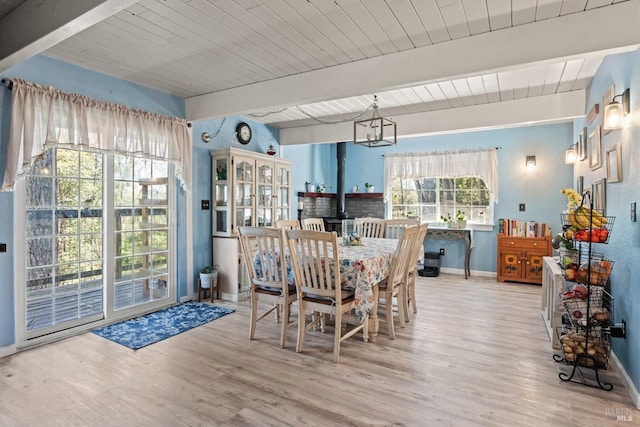 dining area with wood finished floors, baseboards, a wood stove, and beam ceiling