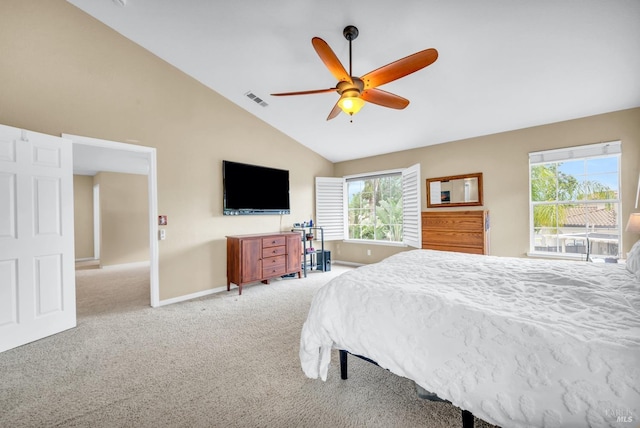 bedroom featuring carpet flooring, baseboards, visible vents, a ceiling fan, and lofted ceiling