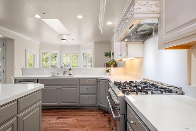 kitchen with a sink, a skylight, gray cabinetry, stainless steel range, and custom exhaust hood