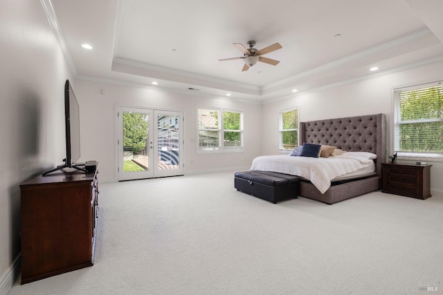 bedroom featuring carpet, baseboards, access to exterior, and a raised ceiling