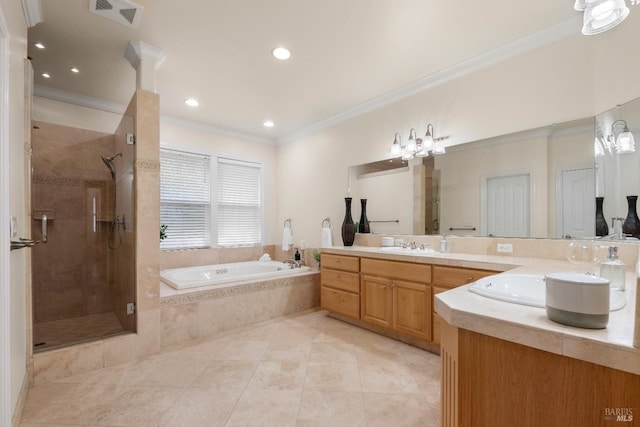 bathroom with crown molding, a shower stall, visible vents, and a garden tub