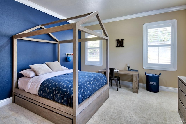 bedroom with carpet floors, ornamental molding, multiple windows, and baseboards
