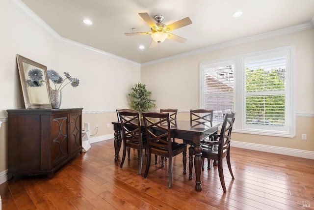 dining room with a ceiling fan, hardwood / wood-style flooring, baseboards, ornamental molding, and recessed lighting