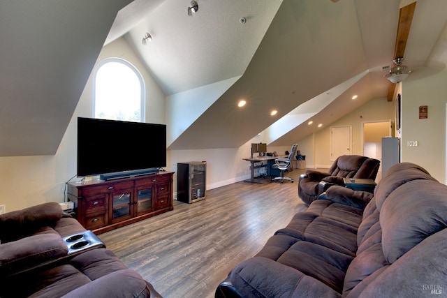 living area with vaulted ceiling, wood finished floors, ceiling fan, baseboards, and recessed lighting