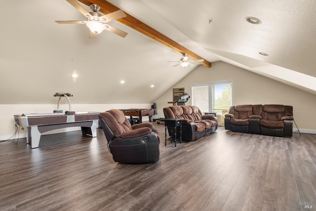 living area with vaulted ceiling with beams, a ceiling fan, billiards, and dark wood-style flooring