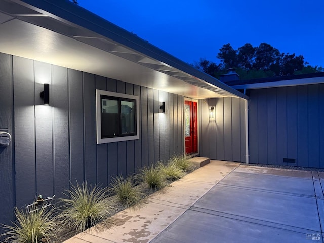 8 Shon Ct, Novato, CA 94947 - exterior entry at twilight with a patio