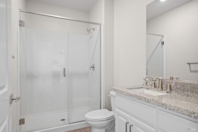 bathroom with a shower stall, toilet, and vanity