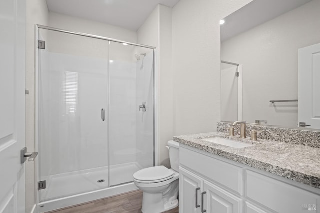 bathroom with wood finished floors, vanity, toilet, and a stall shower