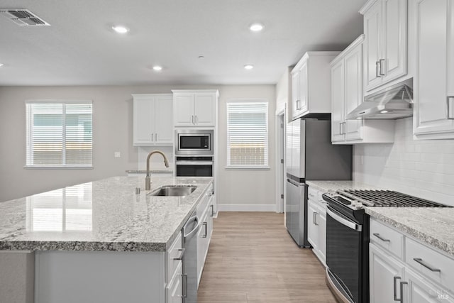 kitchen featuring light wood finished floors, a sink, visible vents, under cabinet range hood, and appliances with stainless steel finishes