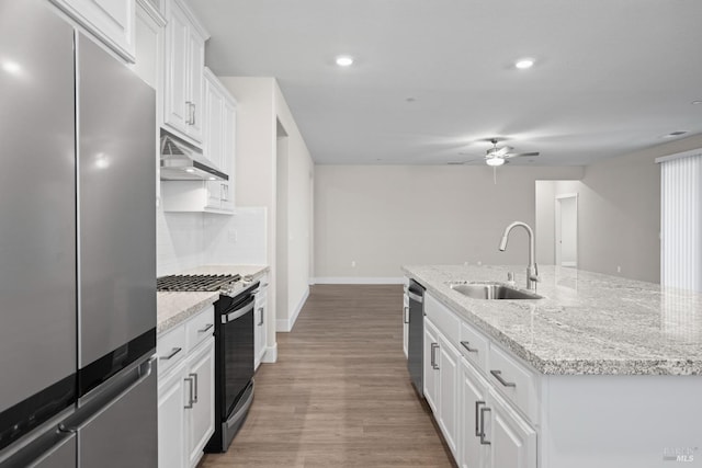 kitchen featuring recessed lighting, under cabinet range hood, stainless steel appliances, a sink, and ceiling fan