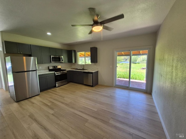 kitchen featuring light wood finished floors, a sink, ceiling fan, light countertops, and appliances with stainless steel finishes