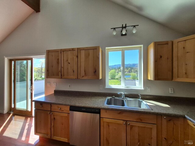 kitchen featuring dark countertops, dishwasher, a sink, and high vaulted ceiling