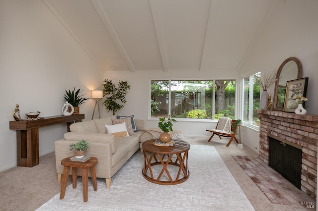 carpeted living room featuring lofted ceiling with beams, a brick fireplace, baseboards, and a healthy amount of sunlight