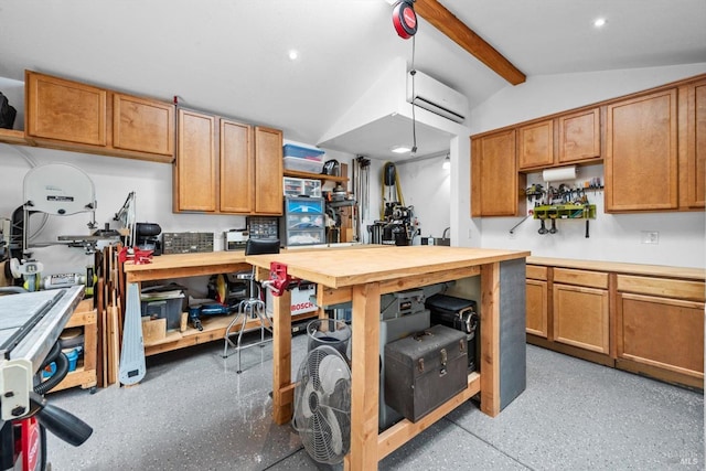 kitchen with recessed lighting, lofted ceiling with beams, light speckled floor, open shelves, and an AC wall unit