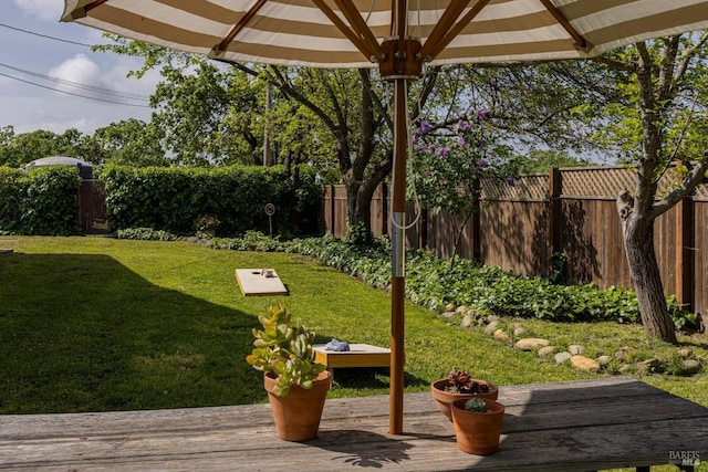 view of yard featuring a wooden deck and a fenced backyard