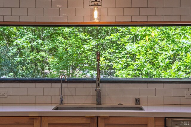room details featuring backsplash, a sink, dishwashing machine, and light countertops