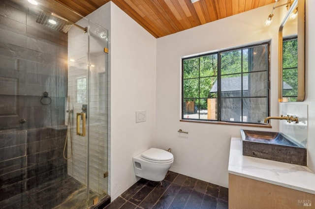 full bath featuring wooden ceiling, toilet, vanity, and a stall shower