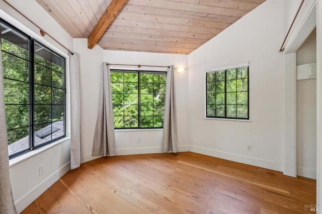 empty room featuring lofted ceiling with beams, a wealth of natural light, light wood-type flooring, and wood ceiling