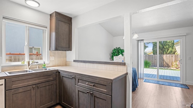 kitchen featuring light wood finished floors, a sink, lofted ceiling, dishwasher, and light countertops